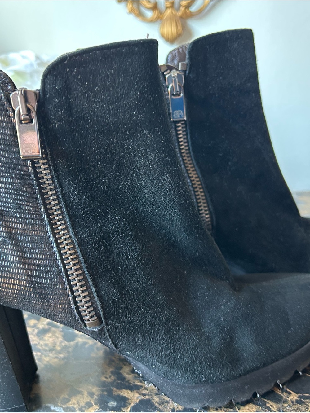 Black Suede Ankle Booties with Side Zipper